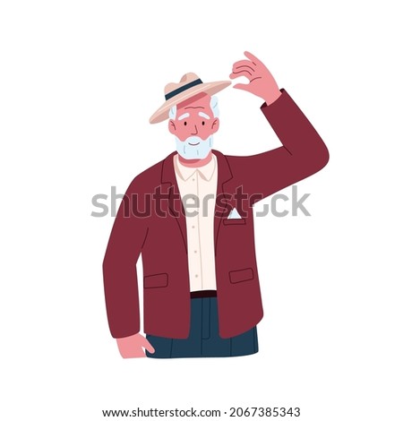 Man of senior age greeting smb. with hat tip, elegant hi gesture. Old person smiling and raising his headwear with hand. Gentlemans portrait. Flat vector illustration isolated on white background