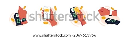 Contactless cashless payments with credit cards, mobile phone apps and smart watches. Hands paying with POS terminals and NFC technology. Flat graphic vector illustration isolated on white background