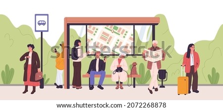 People waiting public transport at modern bus stop. Passengers with newspaper, mobile phone, luggage sitting on bench and standing. Commuters citizens at municipal station. Flat vector illustration.