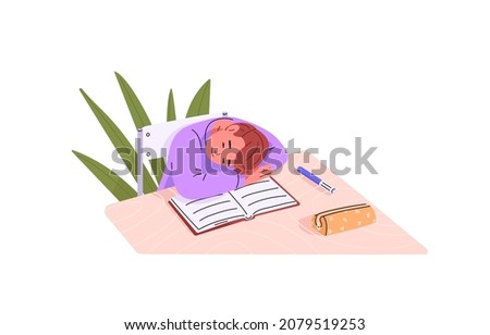 School boy sleeping on desk. Tired child fall asleep during studying and reading. Sleepy schoolboy with head on table. Drowsy napping schoolkid. Flat vector illustration isolated on white background