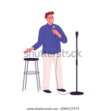 Man comedian with microphone performing stand-up comedy. Comic with mic telling humor and fun stories at open mike standup show. Live performer. Flat vector illustration isolated on white background