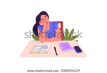 Bored tired student sitting at desk. Sad depressed high school girl feeling boredom. Unhappy fatigue teen pupil with books and phone on table. Flat vector illustration isolated on white background