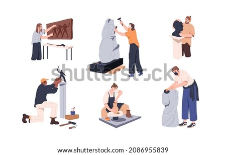 Sculptors making statues from stone set. Creators sculpting and creating sculptures with chisel and hammer. People with creative work and hobby. Flat vector illustration isolated on white background