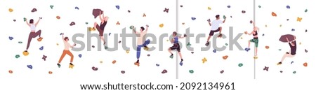 People climbing up indoor in bouldering park. Climbers training on stone wall, artificial mountain with rocks. Men and women in extreme gym. Flat vector illustration isolated on white background
