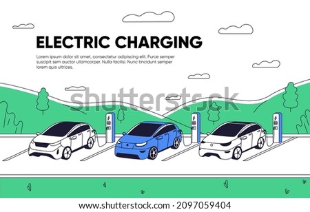 Landing page template for charging station. Electric cars at EV charger, web-site background. Eco electro vehicles recharging at EVSE, website layout. Colored flat graphic vector illustration