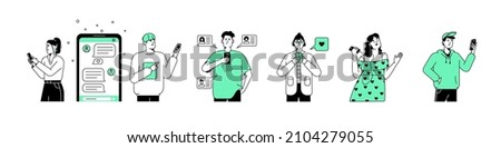 People and mobile phones set. Men and women using smartphones, social media, text messages. Lineart persons with cellphones, telephones. Flat graphic vector illustrations isolated on white background
