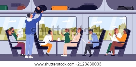 People traveling by train. Railway transport interior. Passengers inside railroad carriage with seats and windows. Men, women, kids tourists with baggage, laptop, phone. Flat vector illustration