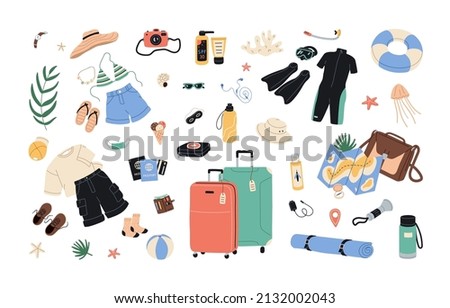 Travel items from summer holiday luggage. Tourists objects for sea vacation. Tourism stuff bundle with map, suitcase, clothes, passport, camera. Flat vector illustrations isolated on white background