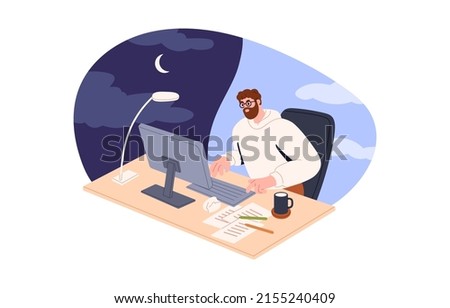 Employee overworking. Work overtime from early morning till night. Busy business man, workaholic staying late at computer desk in office. Flat vector illustration isolated on white background