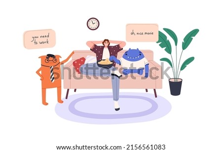 Procrastination concept. Lazy unproductive person procrastinating, postponing, delaying work, choosing resing, relaxing on sofa at home. Flat vector illustration isolated on white background