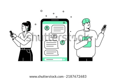 Mobile messenger app. People chat online, exchanging, sending text messages via smartphone application. Man and woman characters dialog. Lineart flat vector illustration isolated on white background