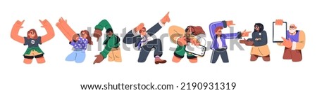 Happy characters gesturing with hands, showing, advertising smth. People in funny poses presenting, pointing with fingers up, down, side. Flat graphic vector illustration isolated on white