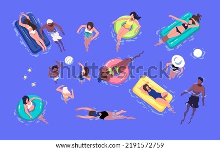 People relaxing in summer water pool, floating on inflatable mattresses, swimming with rubber rings, sunbathing. Top view of diverse men, women in swimwear in sea. Colorful flat vector illustration.