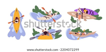 Kayaking sport set. People in boats rowing with paddle. Kayakers men and women on lake, river. Characters during extreme water activity. Flat graphic vector illustrations isolated on white background