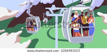 Cableway in mountains. People in cars, cabins of aerial cable lift, rope way on summer holiday. Tourists travel by cablecar of ropeway, looking nature landscapes, panorama. Flat vector illustration