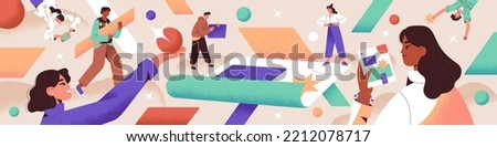 Abstract business process concept. People work with geometric figures, shapes. Metaphor of collecting, analyzing data, organizing building system from geometry chaos. Flat vector illustration