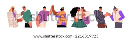 People greeting with different hi gestures set. Saying hello with business handshake, giving high five, friends hugs, welcoming with fists. Flat vector illustrations isolated on white background