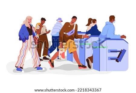 Passengers crowd pass turnstile entrance with electronic cards, tickets. People citizens go through tourniquet. Automatic access control. Flat graphic vector illustration isolated on white background