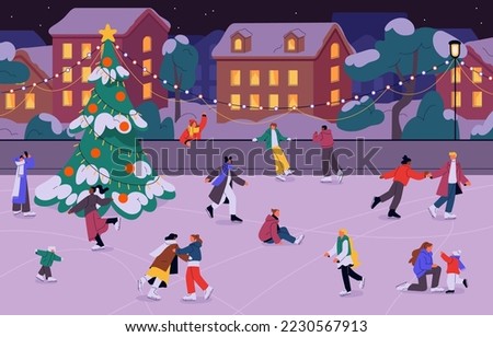 People skating on ice-rink on winter holiday. Happy active characters skaters outdoor in town, city with Christmas decoration, Xmas fir tree. Wintertime fun, vacation. Flat vector illustration