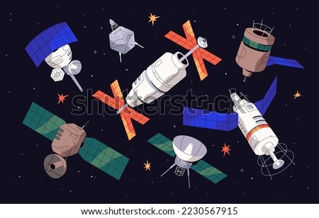 Artificial satellites in outer space. Spacecrafts in cosmos. Different cosmic orbit objects with antennae, solar panels, engine and radars, floating, flying in universe. Flat vector illustrations