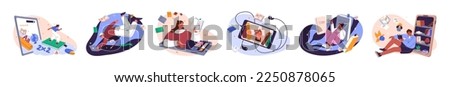 Online libraries, e-learning, internet education concept. People reading, studying electronic literature with phone app, laptop computer. Flat graphic vector illustrations isolated on white background