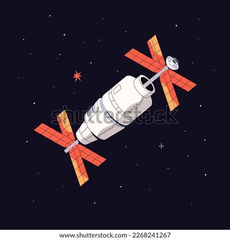 Artificial satellite flying, orbiting in cosmos, open space. Cosmic technology with panels for telecommunication, navigation, transmitting signal, internet connection. Flat vector illustration