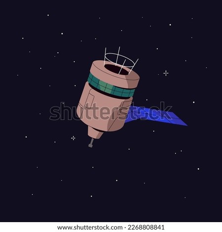 Artificial polar satellite floating in cosmos. Cosmic science equipment for observation. Astronomy technology in outer space, orbiting earth for telecommunication, network. Flat vector illustration