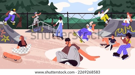 Skaters riding boards at skate park. Young people jumping on skateboards at skatepark with ramps. Extreme street sport, activity at outdoor playground for skateboarders. Flat vector illustration.