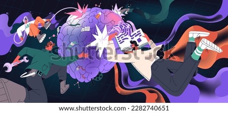 Mind, intelligence concept. Brain work process, consuming information, knowledge. Mental development, creative education, learning, neurobiology science research, innovation. Flat vector illustration.