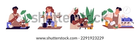Baristas set. Professionals making coffee in cafe bar. Men, women workers with cups preparing cappuccino, filter, espresso, pouring milk. Flat graphic vector illustrations isolated on white background