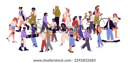 People crowd going on different businesses. Many diverse citizens walking outdoor, on street. Modern urban society concept. Lot of characters. Flat vector illustration isolated on white background