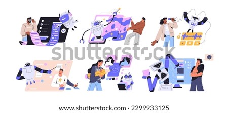 Neural networks and artificial intelligence concept set. Automation, futuristic robot assistant, machines, AI technologies helping at work. Flat vector illustrations isolated on white background