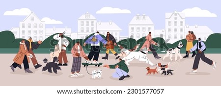 Dog owners walking with doggies on street. Many people strolling, leading puppies on leashes outdoors. Men, women and different canine animals in city park panorama. Flat vector illustration