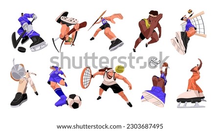 Professional athletes in action. Different sports set. Playing soccer, volleyball, tennis, basketball, ice hockey. Run, javelin throwing, fencing. Flat vector illustration isolated on white background