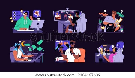 Gamers at computers, gaming set. People playing video games online, streaming. Videogame players, adult men, women in headsets and controllers at PC. Isolated flat graphic vector illustrations