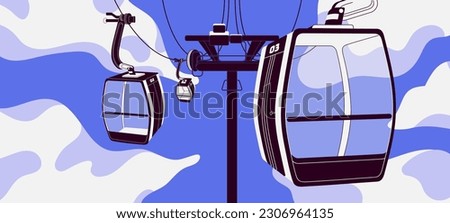 Cableway with empty cabins, air cars. Carriages, cablecars of aerial tram. Transparent glass touristic transport with cable gondolas hanging on rope, cord, wire in sky, cloud. Flat vector illustration