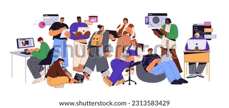Coders, software engineers team at work. Programmers coding, developing project. Information technology company, teamwork process concept. Flat vector illustration isolated on white background