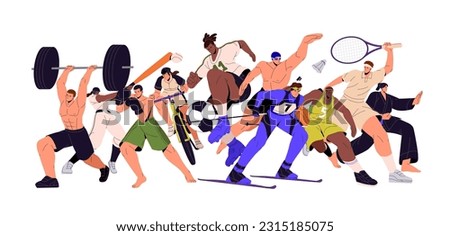 Different athletes of all sport types. Multi, mix of sportsmen, active community, group in action. Boxing, soccer, ski championship concept. Flat vector illustration isolated on white background.