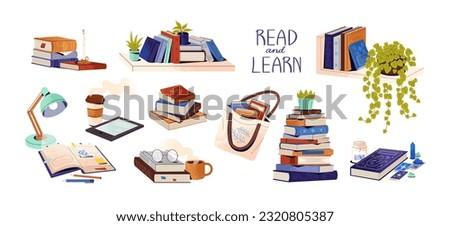 Piles of different books set. Stacks, heaps of paper textbooks for reading, learning, leisure. Education academic literature and fiction novels. Flat vector illustrations isolated on white background