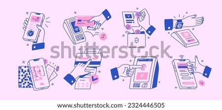 Contactless cashless wireless payment set. Hands paying with bank debit cards, POS terminal, QR scanner, mobile phone app and smart watch. Flat graphic vector illustration isolated on white background