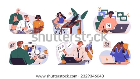 Attentive employees stay focused, concentrated at work. Notifications disturbing from businesses. Concentration and distraction concept. Flat graphic vector illustrations isolated on white background