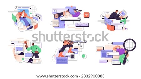 People searching, exploring, surfing internet with magnifier, spyglasses, binoculars set. Users browsing websites, web pages. SEO concept. Flat graphic vector illustration isolated on white background