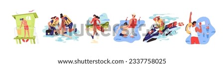 Lifeguard rescue people set. Women save life drowning persons. Emergency on the water and security. Dangerous swimming in the ocean and first aid on the sea beach. Flat isolated vector illustration