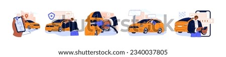 Carsharing service, rent car set. People share, booking, drive, fuel, parking, take photo, waiting, rate rental auto in app by smartphone online. Flat isolated vector illustration on white background