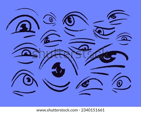 Eyes expressions, negative emotions set. Expressing evil, fear, shock, disgust, fright and hate reactions, mood. Feeling scared, angry, tired, unhappy. Hand-drawn isolated vector illustrations