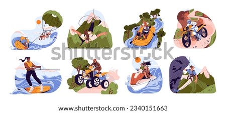 Extreme vacation set. Different people like adrenaline summer sport, action hobby. Persons do enduro, climbing, jumping, surfing, activity on sea, mountain. Flat isolated vector illustration on white