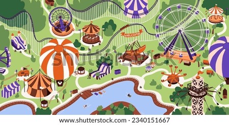 Childish amusement park top view. Summer holiday on carnival, attraction. Recreation, leisure on funfair. People ride on air balloon, roller coaster, ferris wheel, carousel. Flat vector illustration