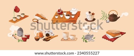 Time asian tea ceremony set. Japanese and chinese traditional attributes: table, tray, incense, bowls. Flavory hot green, pu erh, oolong in cups, oriental teapot. Flat isolated vector illustrations