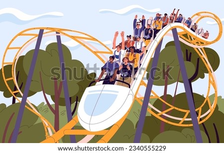 People ride on roller coaster. Fun vacation in amusement park, extreme entertainment, attractions give happy, joy, scream, excited to men, women. Summer holidays with company. Flat vector illustration