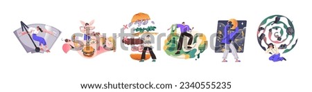 Eating disorder concept set. Sad people have wrong nutrition, psychological problems, overeating and obesity, eat fast, junk, fat, unhealthy food. Flat isolated vector illustration on white background